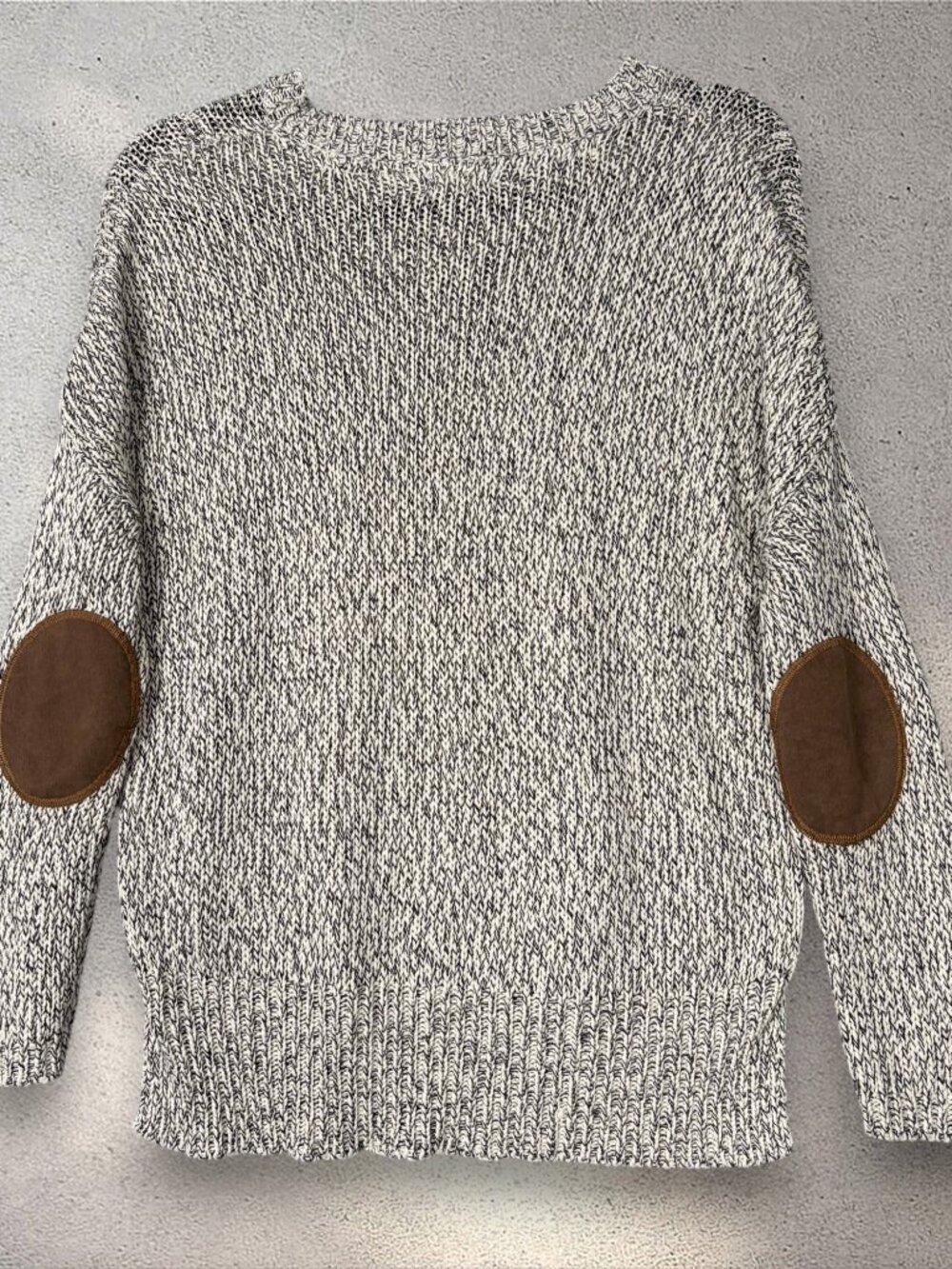 Anthropologie Harper Heritage Marled Knit Sweater Women’s L Beige Elbow Patches - Picture 4 of 11
